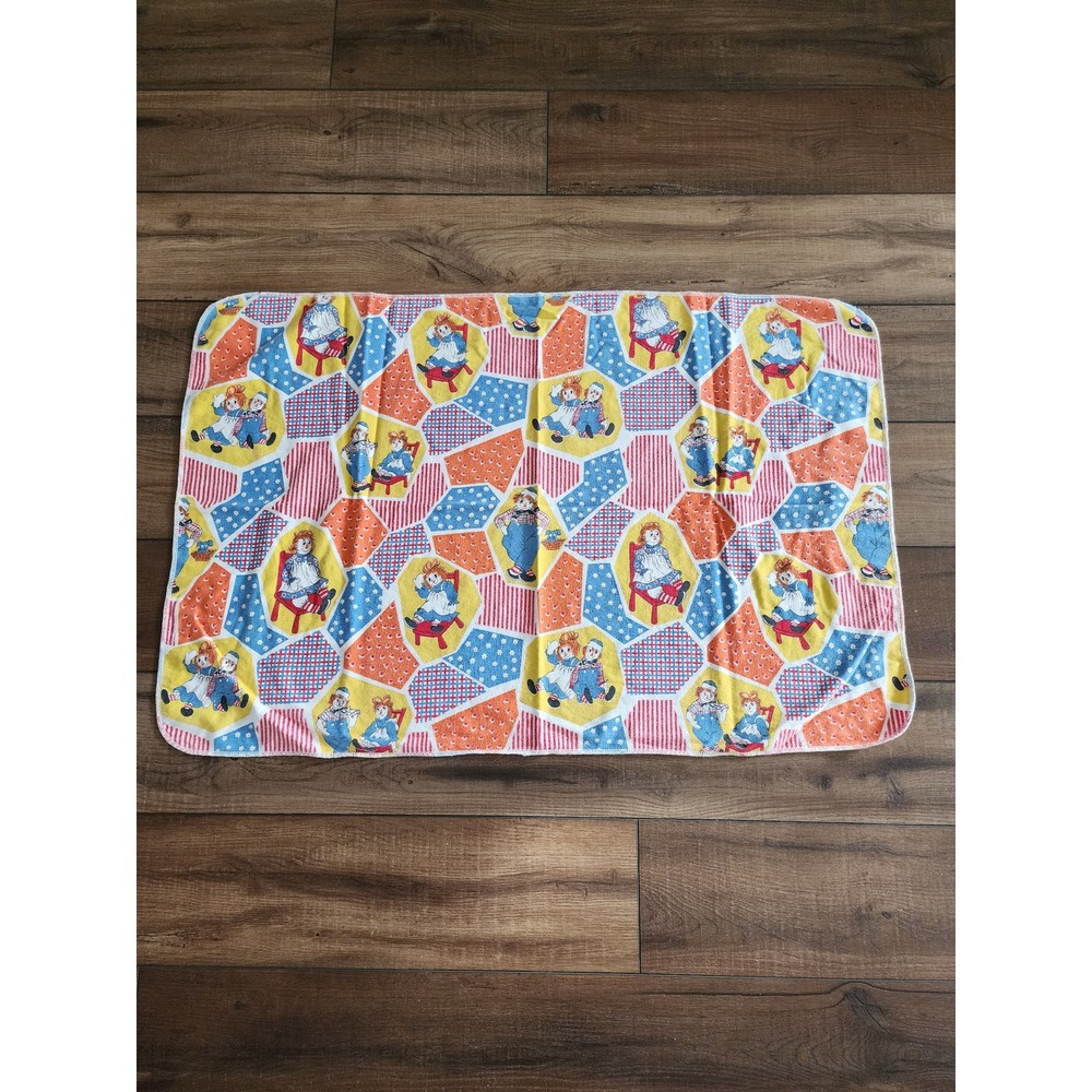 Vintage 70s Raggedy Ann and Andy Baby Blanket Swaddle Colorful Print‎ Recieving